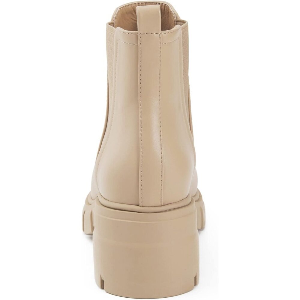 Redtop Women's Nude Faux Leather Elastic Chunky Block Heel Lug Sole Ankle Boot - Picture 5 of 8